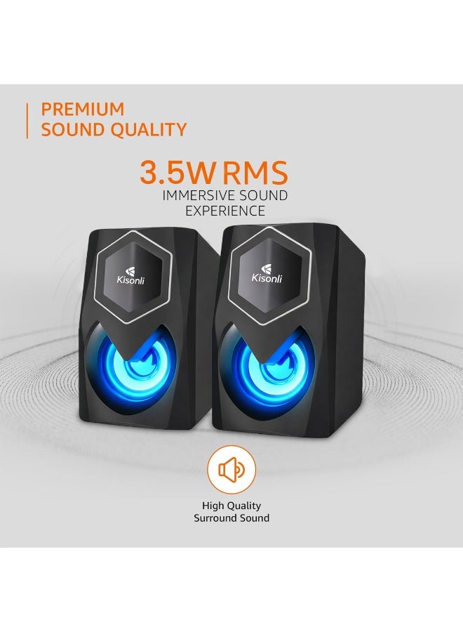 Kisonli 2.0 USB Powered Multimedia Speakers – 3W x 2 Stereo Sound System with Blue LED Light, 3.5mm AUX Input, 20Hz–20KHz Frequency Response, Compact Desktop Speakers for Laptop, PC & Gaming Setup - Image 2